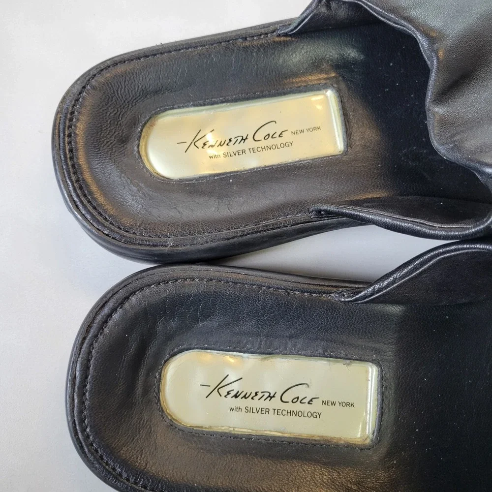 Kenneth Cole New York Mens 8M Leather Slide Sandals Black Silver‎ Technology